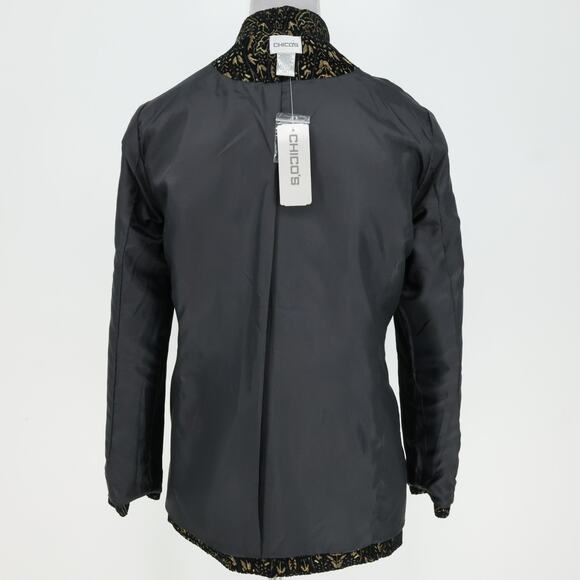 Chicos Jacket 1 Womens Medium 8 Black Gold Metallic Lined Burn out Brocade New - Picture 14 of 16
